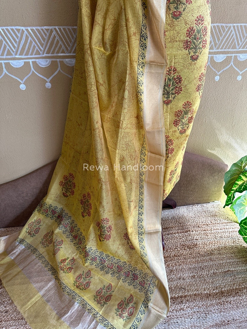 Maheshwari Yellow Handblock Tissue Top-Dupatta PRT015