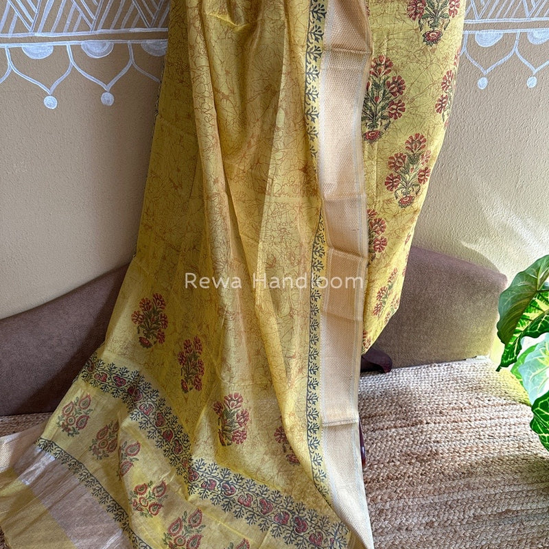 Maheshwari Yellow Handblock Tissue Top-Dupatta PRT015