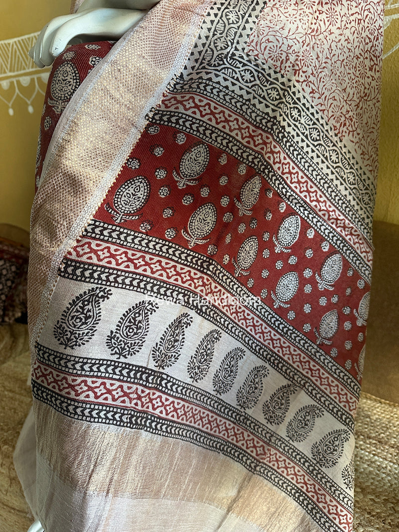 Maheshwari Maroon-White Bagh Print Tissue Top-Dupatta Set BPTS05