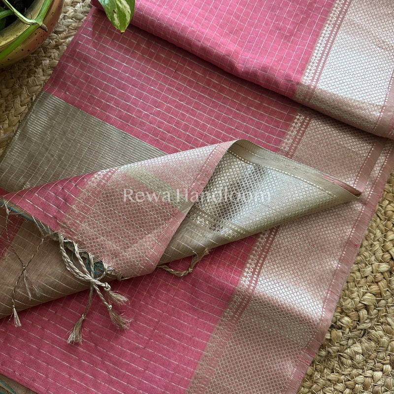 Maheshwari Baby Pink ~ Silver Zari Checks Silk Saree-SZ021