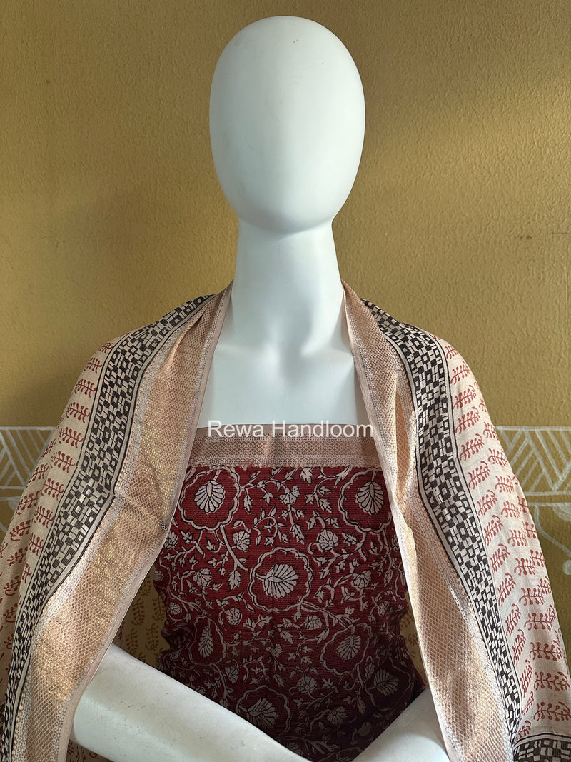 Maheshwari Maroon-White Bagh Print Tissue Top-Dupatta Set BPTS06