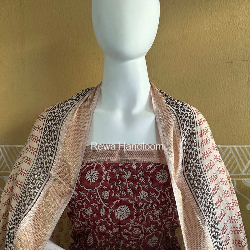 Maheshwari Maroon-White Bagh Print Tissue Top-Dupatta Set BPTS06