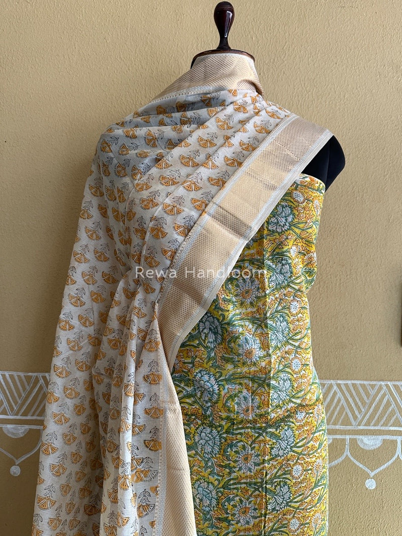 Maheshwari Handblock Tissue Top-Dupatta