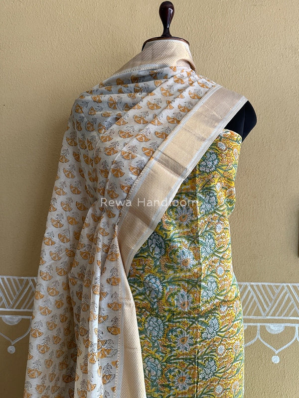 Maheshwari Handblock Tissue Top-Dupatta