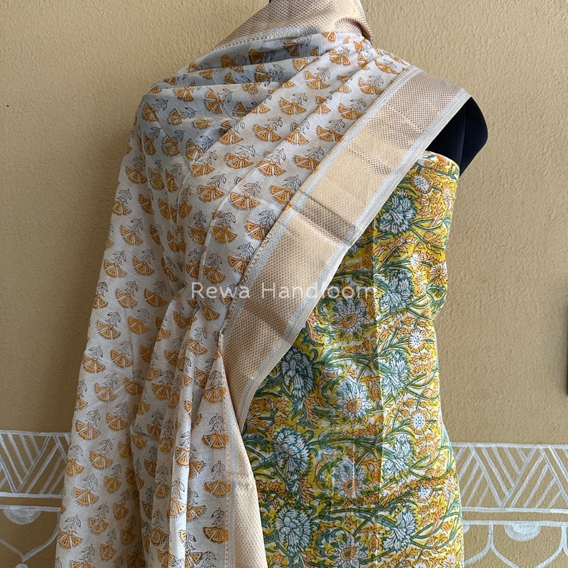 Maheshwari Handblock Tissue Top-Dupatta