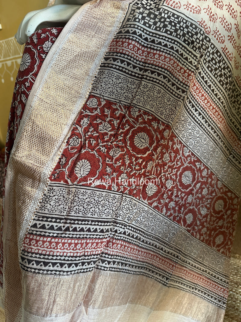 Maheshwari Maroon-White Bagh Print Tissue Top-Dupatta Set BPTS06