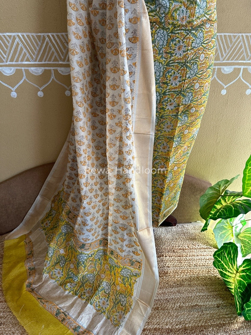 Maheshwari Yellow Handblock Tissue Top-Dupatta PRT06