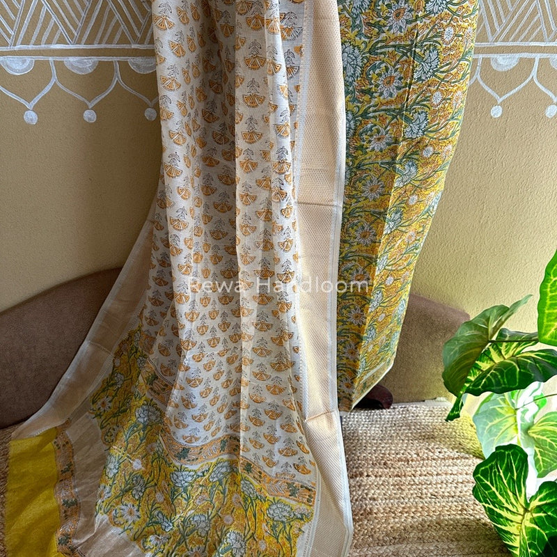 Maheshwari Yellow Handblock Tissue Top-Dupatta PRT06