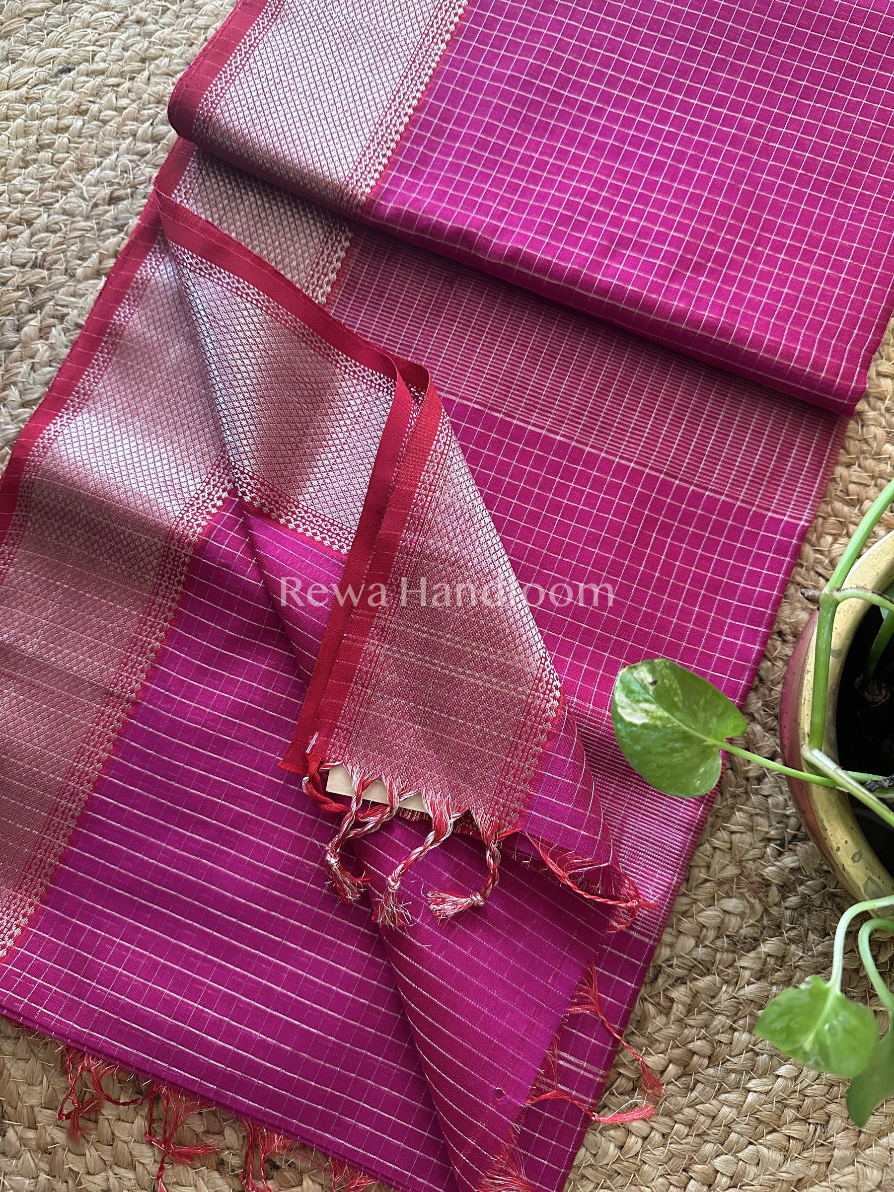 Maheshwari Magenta ~ Silver Zari Checks Silk Saree-SZ020