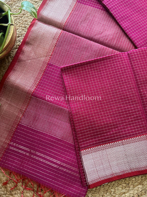 Maheshwari Magenta ~ Silver Zari Checks Silk Saree-SZ020