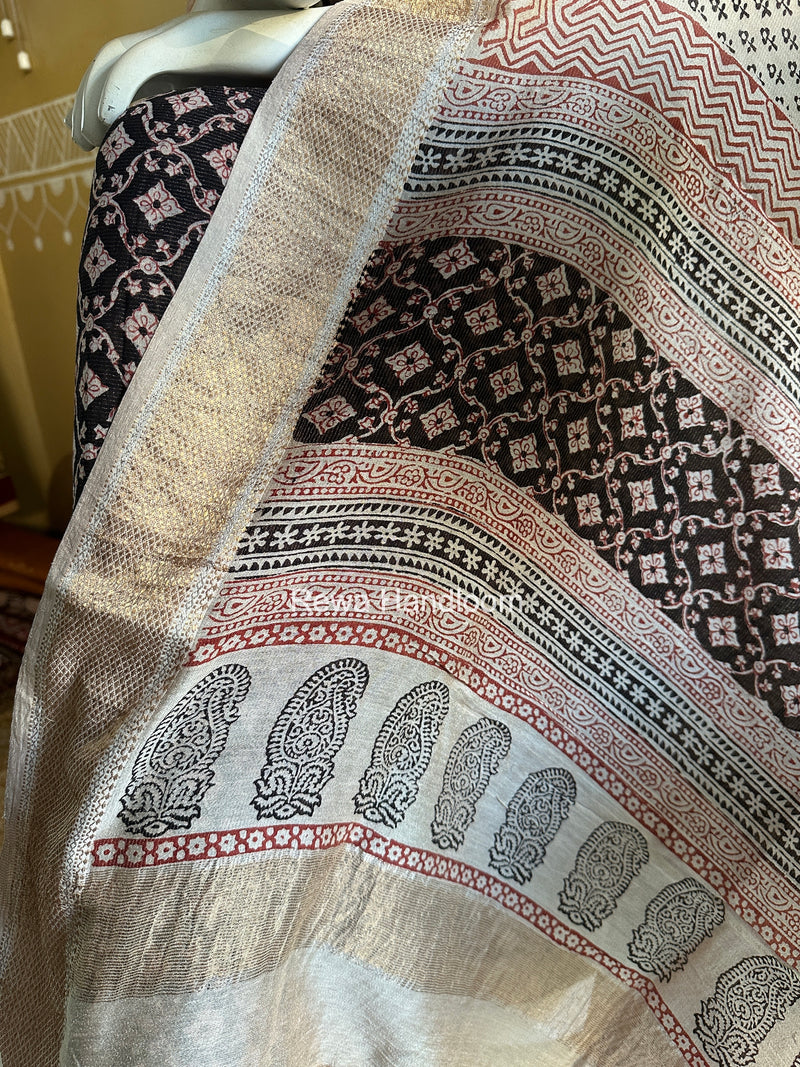 Maheshwari Black-White Bagh Print Tissue Top-Dupatta Set BPTS07