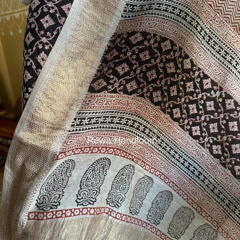 Maheshwari Black-White Bagh Print Tissue Top-Dupatta Set BPTS07