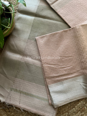 Maheshwari Light Peach ~ Silver Zari Checks Silk Saree-SZ023