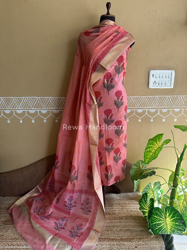 Maheshwari Handblock Tissue Top-Dupatta