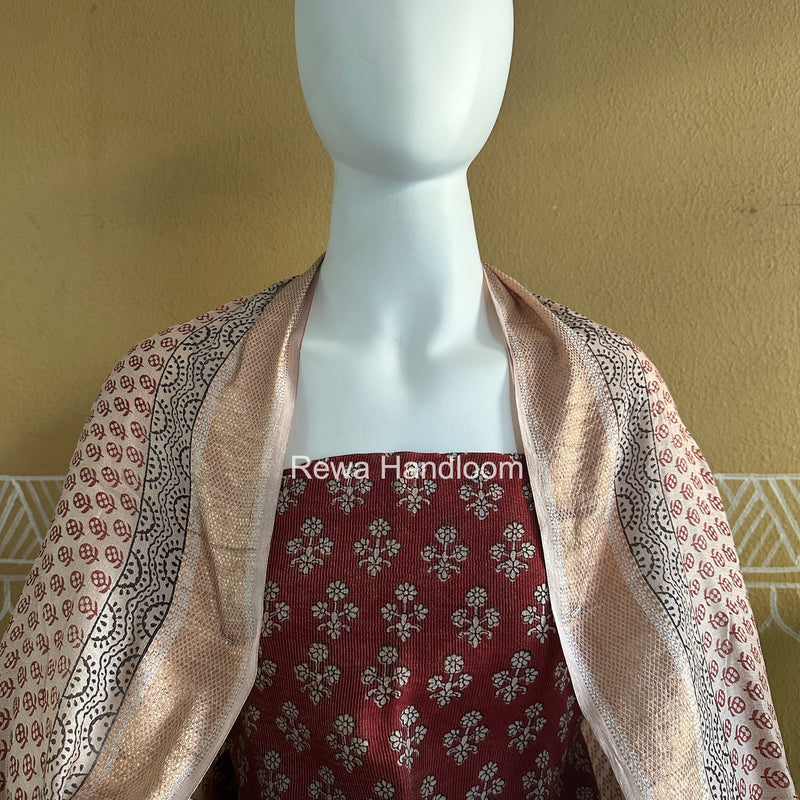 Maheshwari Maroon-White Bagh Print Tissue Top-Dupatta Set BPTS08