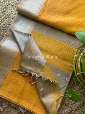 Maheshwari Yellow~ Silver Zari Checks Silk Saree-SZ030