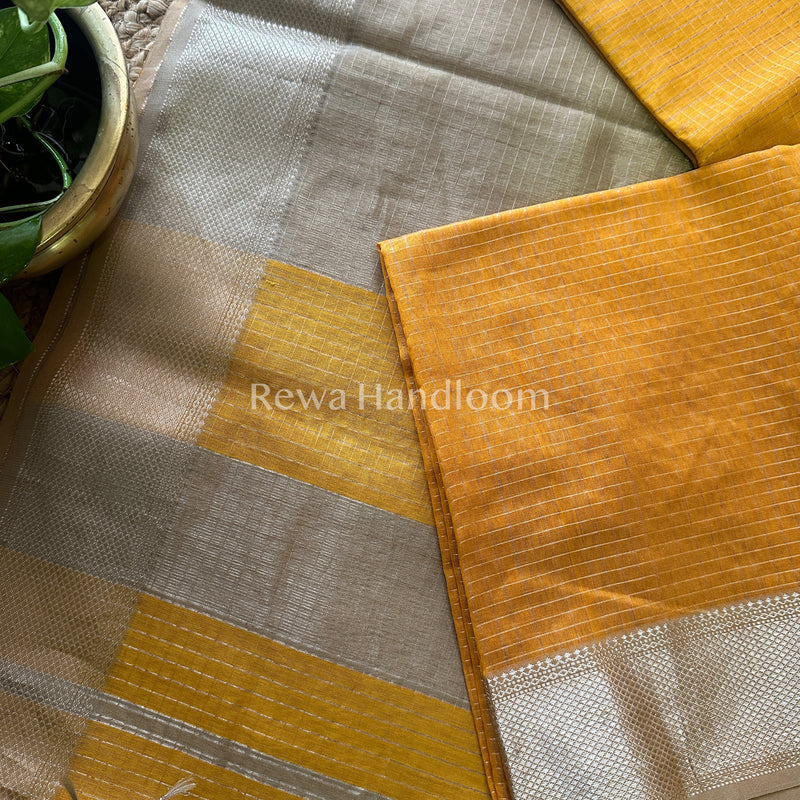 Maheshwari Yellow~ Silver Zari Checks Silk Saree-SZ030