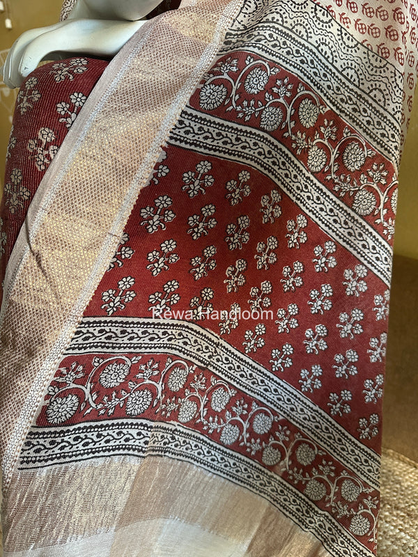 Maheshwari Maroon-White Bagh Print Tissue Top-Dupatta Set BPTS08