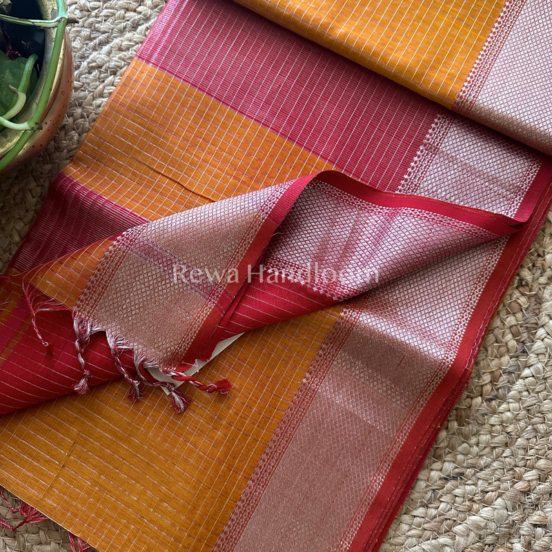 Maheshwari Yellow ~ Silver Zari Checks Silk Saree-SZ027