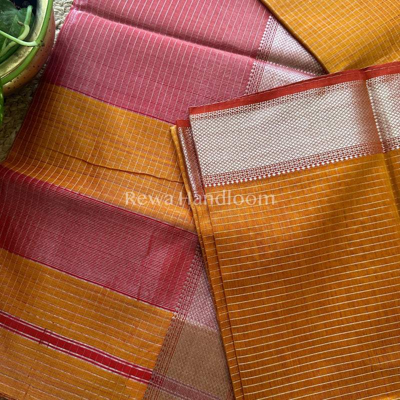 Maheshwari Yellow ~ Silver Zari Checks Silk Saree-SZ027
