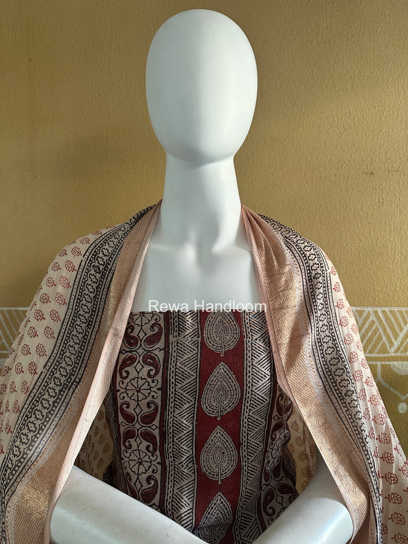 Maheshwari Maroon-White Bagh Print Tissue Top-Dupatta Set BPTS09