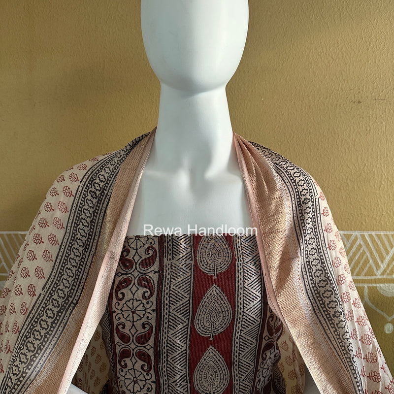 Maheshwari Maroon-White Bagh Print Tissue Top-Dupatta Set BPTS09