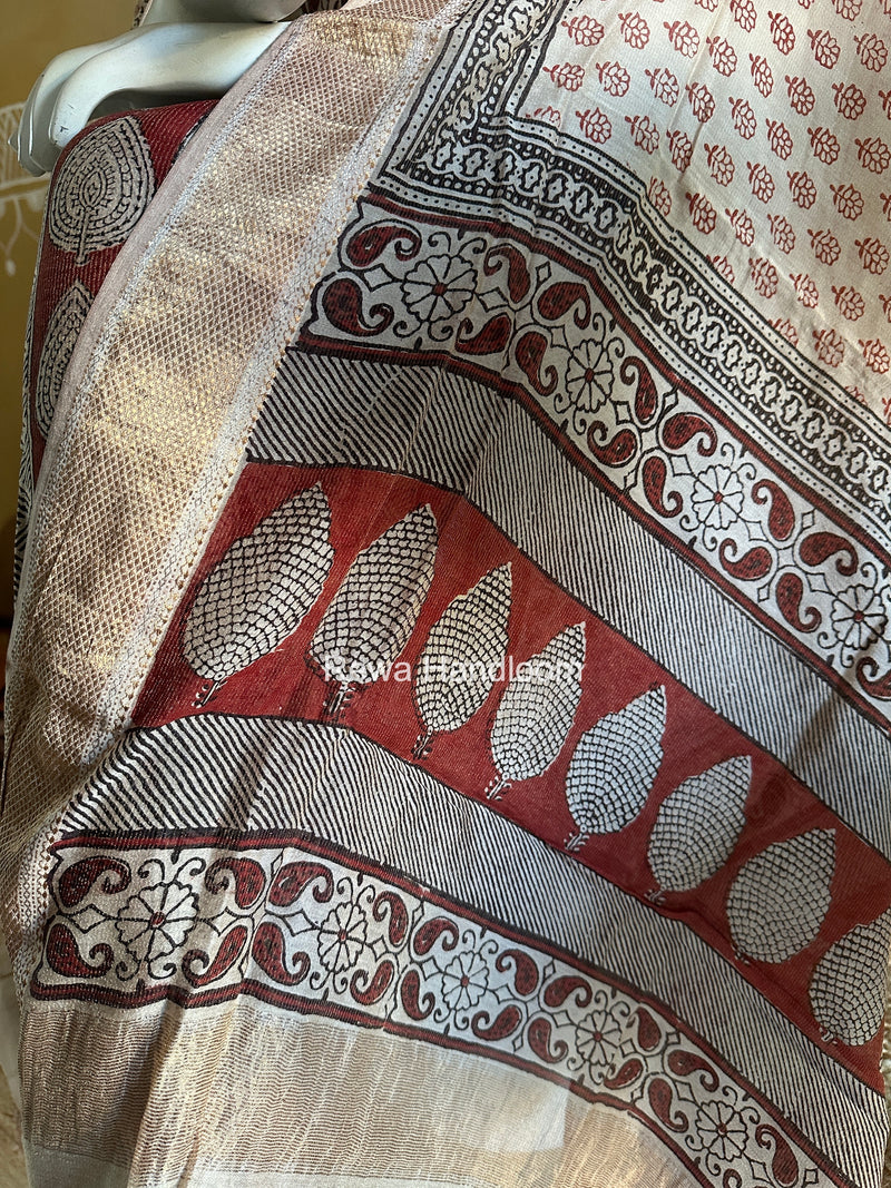 Maheshwari Maroon-White Bagh Print Tissue Top-Dupatta Set BPTS09