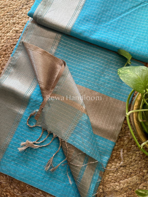 Maheshwari Firozi~ Silver Zari Checks Silk Saree-SZ016