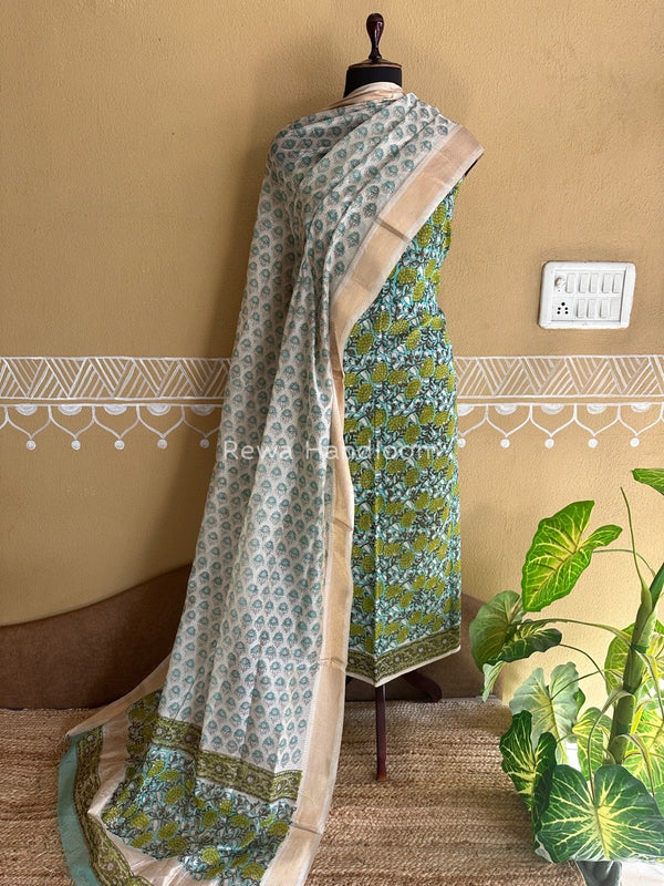 Maheshwari Handblock Tissue Top-Dupatta