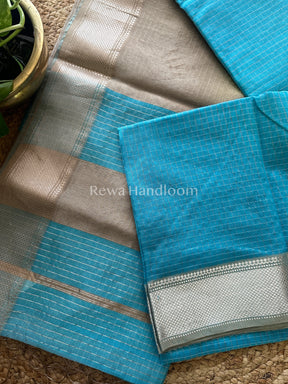 Maheshwari Firozi~ Silver Zari Checks Silk Saree-SZ016