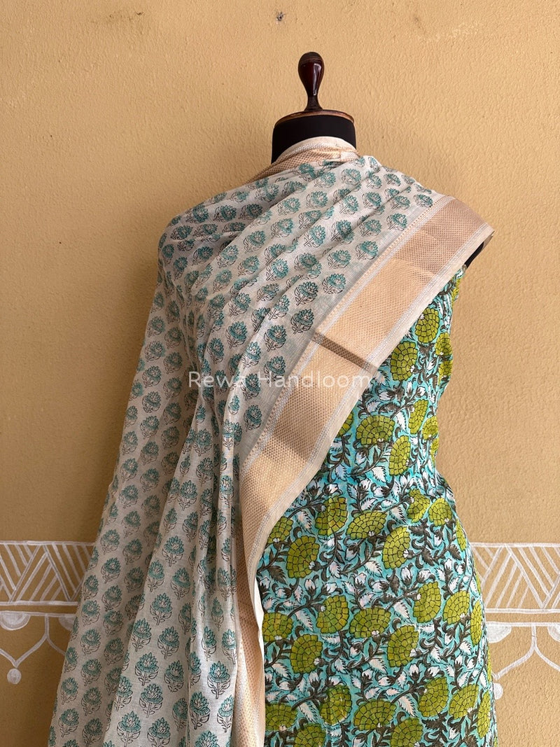 Maheshwari Sea Green-White Handblock Tissue Top-Dupatta PRT02