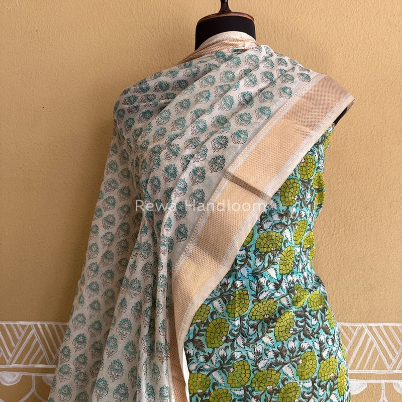 Maheshwari Sea Green-White Handblock Tissue Top-Dupatta PRT02