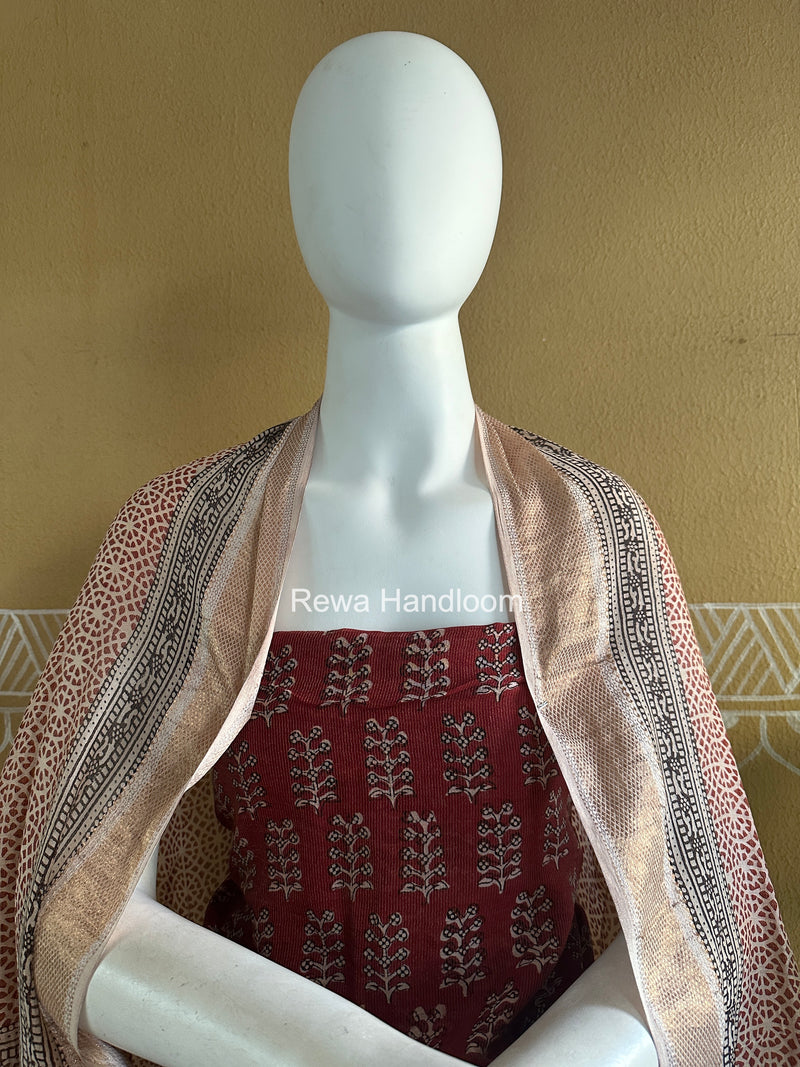 Maheshwari Maroon-White Bagh Print Tissue Top-Dupatta Set BPTS010