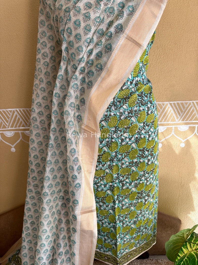 Maheshwari Sea Green-White Handblock Tissue Top-Dupatta PRT02