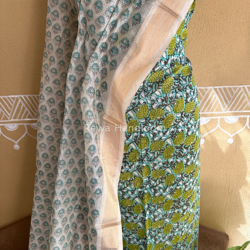 Maheshwari Sea Green-White Handblock Tissue Top-Dupatta PRT02