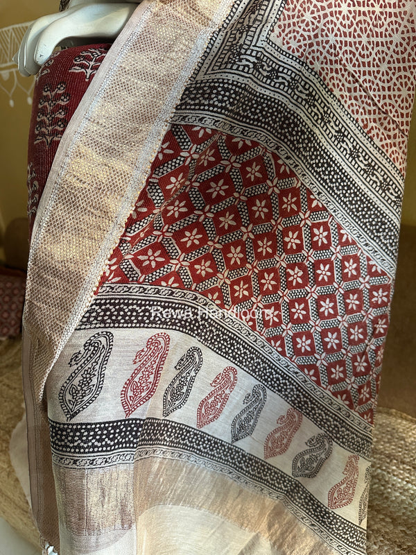 Maheshwari Maroon-White Bagh Print Tissue Top-Dupatta Set BPTS010