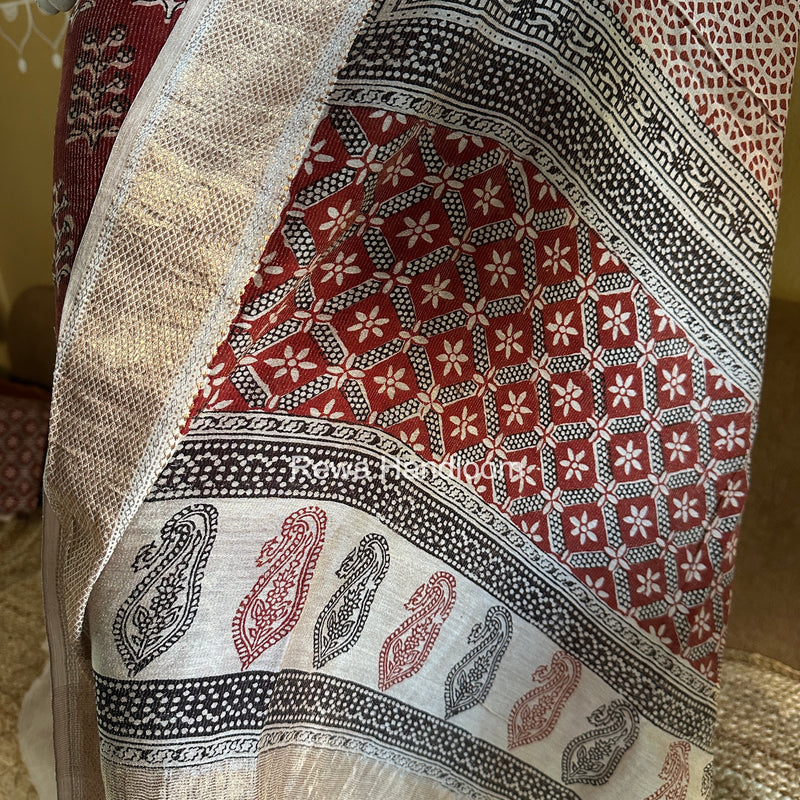 Maheshwari Maroon-White Bagh Print Tissue Top-Dupatta Set BPTS010