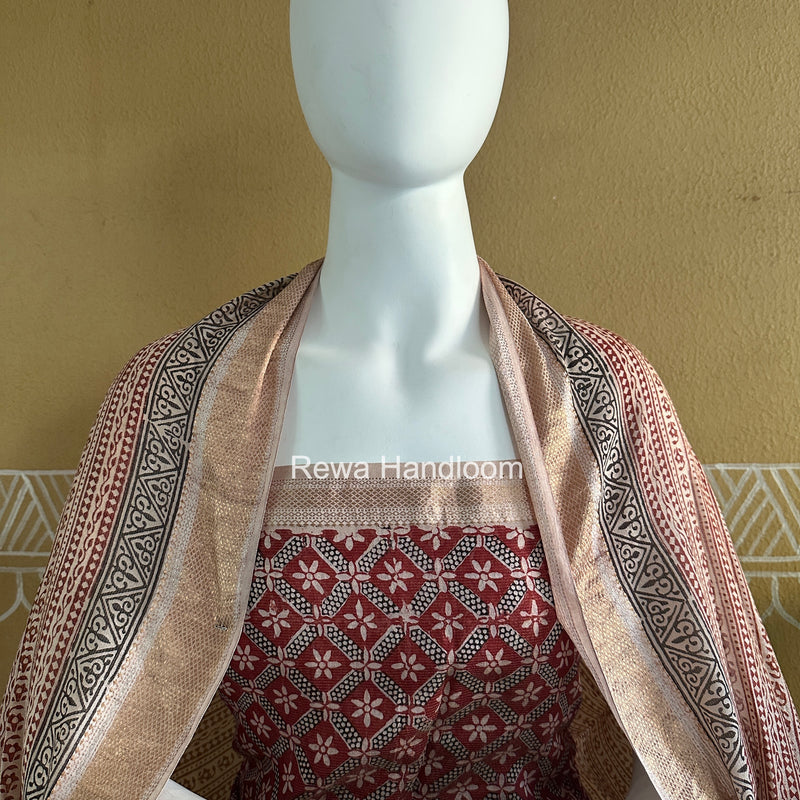 Maheshwari Maroon-White Bagh Print Tissue Top-Dupatta Set BPTS011
