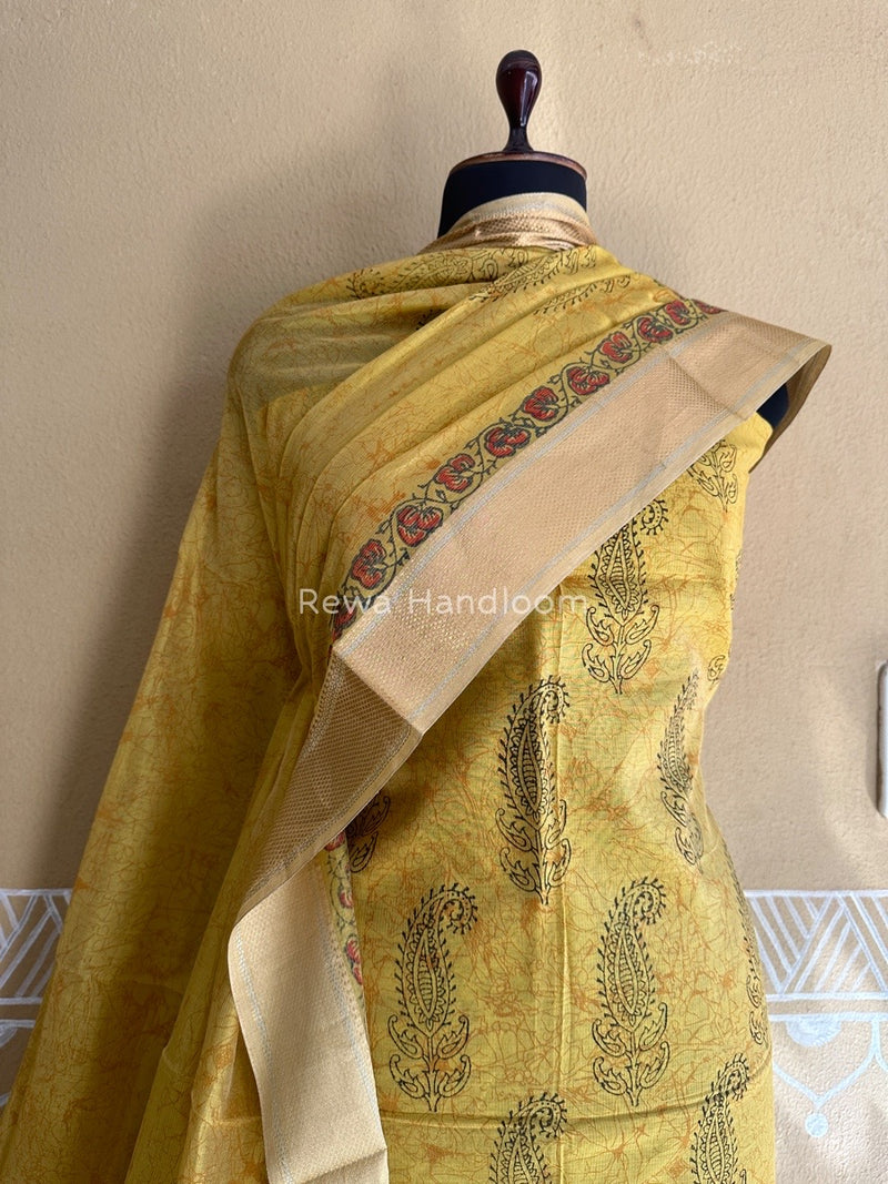 Maheshwari Light Yellow Handblock Tissue Top-Dupatta PRT01