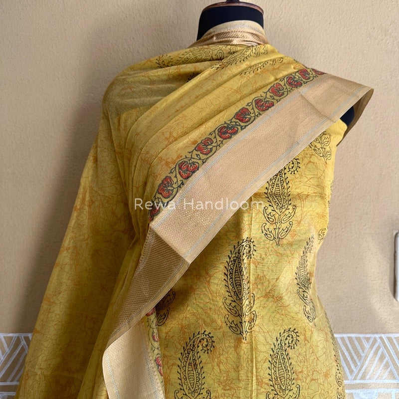 Maheshwari Light Yellow Handblock Tissue Top-Dupatta PRT01