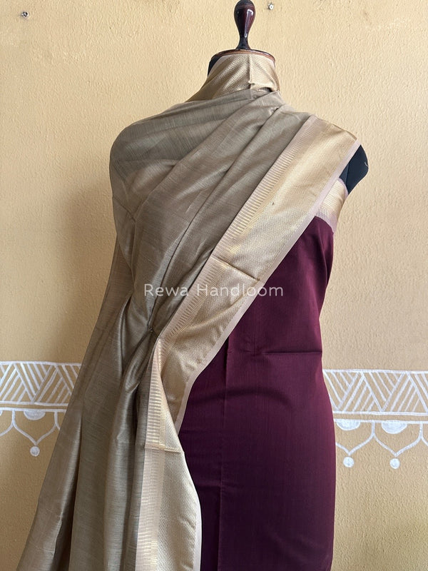 Maheshwari Wine-Beige Resham Border Dress Material BRD011