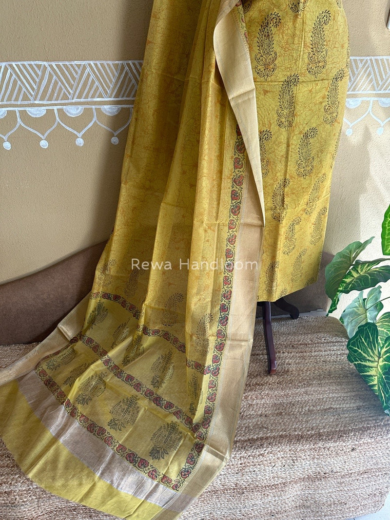 Maheshwari Light Yellow Handblock Tissue Top-Dupatta PRT01