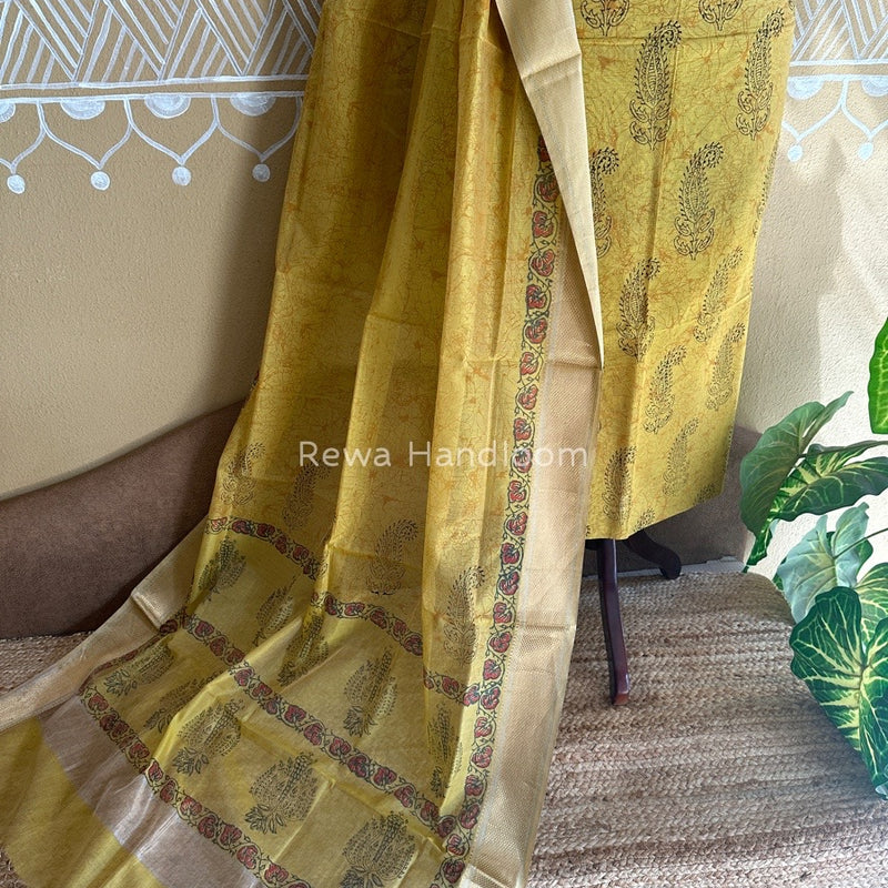 Maheshwari Light Yellow Handblock Tissue Top-Dupatta PRT01
