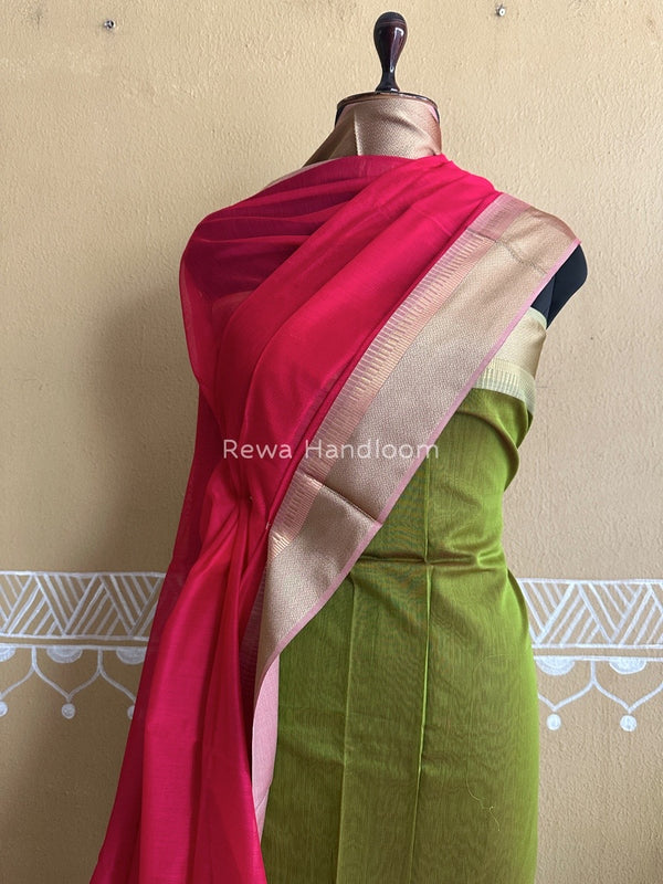Maheshwari Mehendi Green-Rani Pink Resham Border Dress Material BRD04