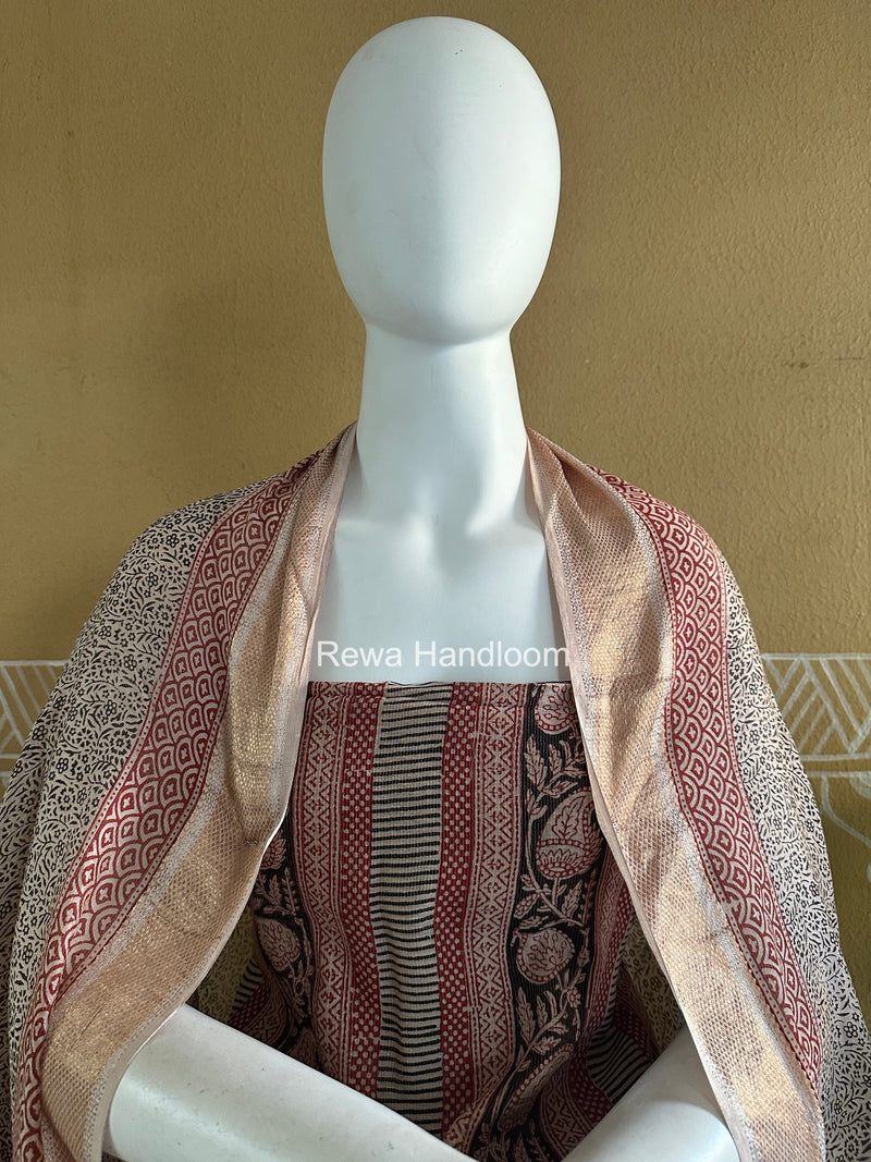 Maheshwari Maroon-White Bagh Print Tissue Top-Dupatta Set BPTS012