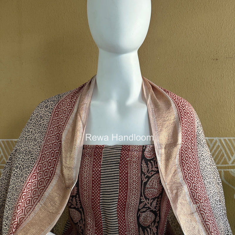 Maheshwari Maroon-White Bagh Print Tissue Top-Dupatta Set BPTS012