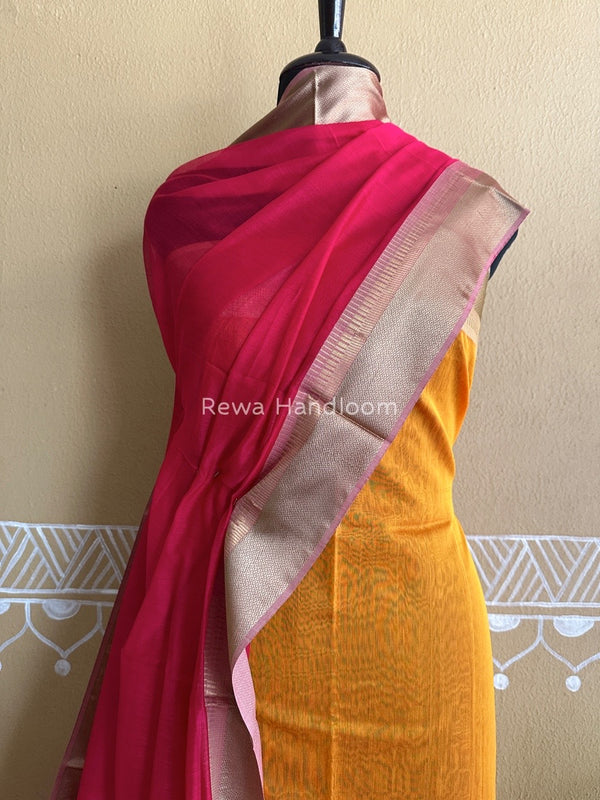 Maheshwari Mustard Yellow-Rani Pink Resham Border Dress Material BRD07