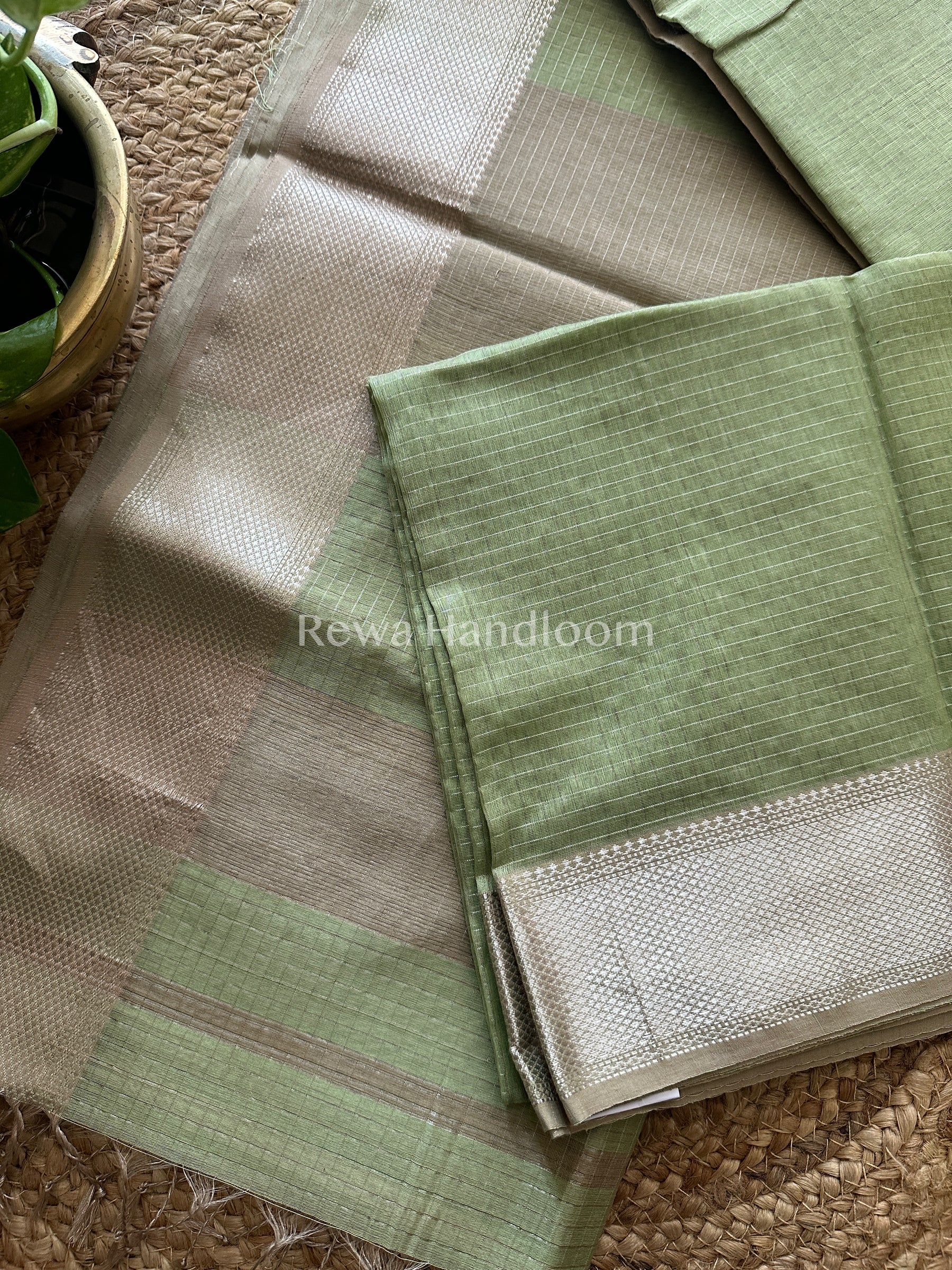 Maheshwari Pista Green ~ Silver Zari Checks Silk Saree-SZ017