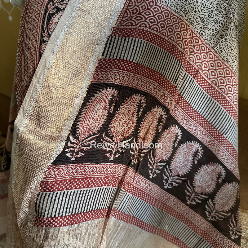 Maheshwari Maroon-White Bagh Print Tissue Top-Dupatta Set BPTS012