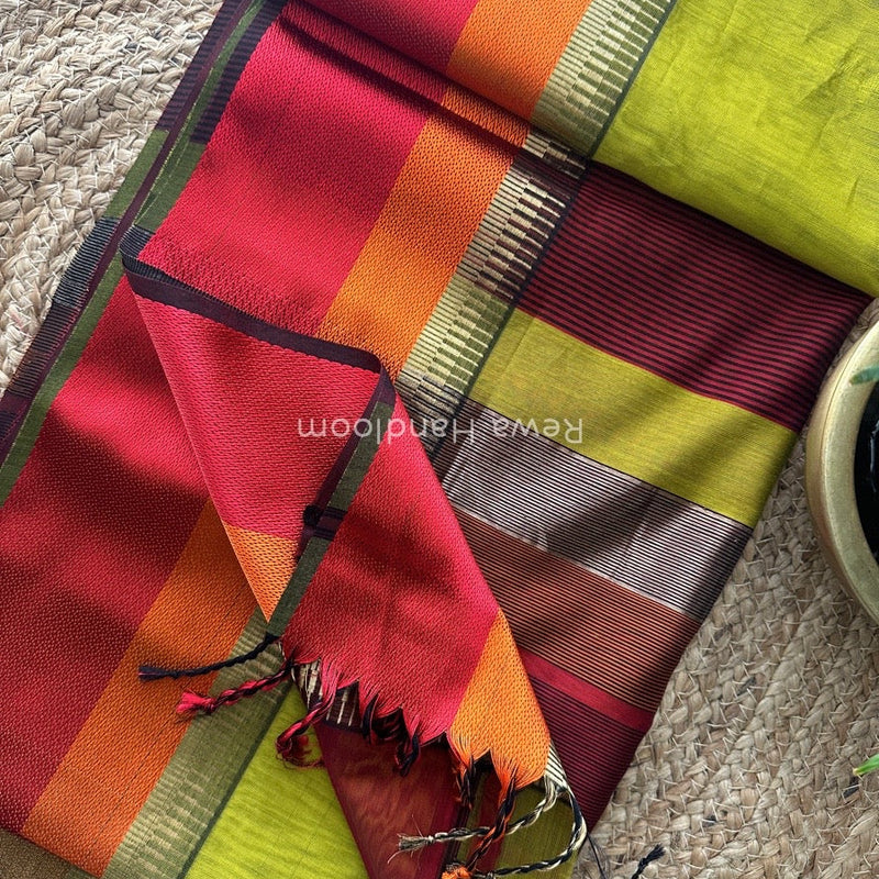 Maheshwari Mehendi Green Multicolor Border Saree  MB00504